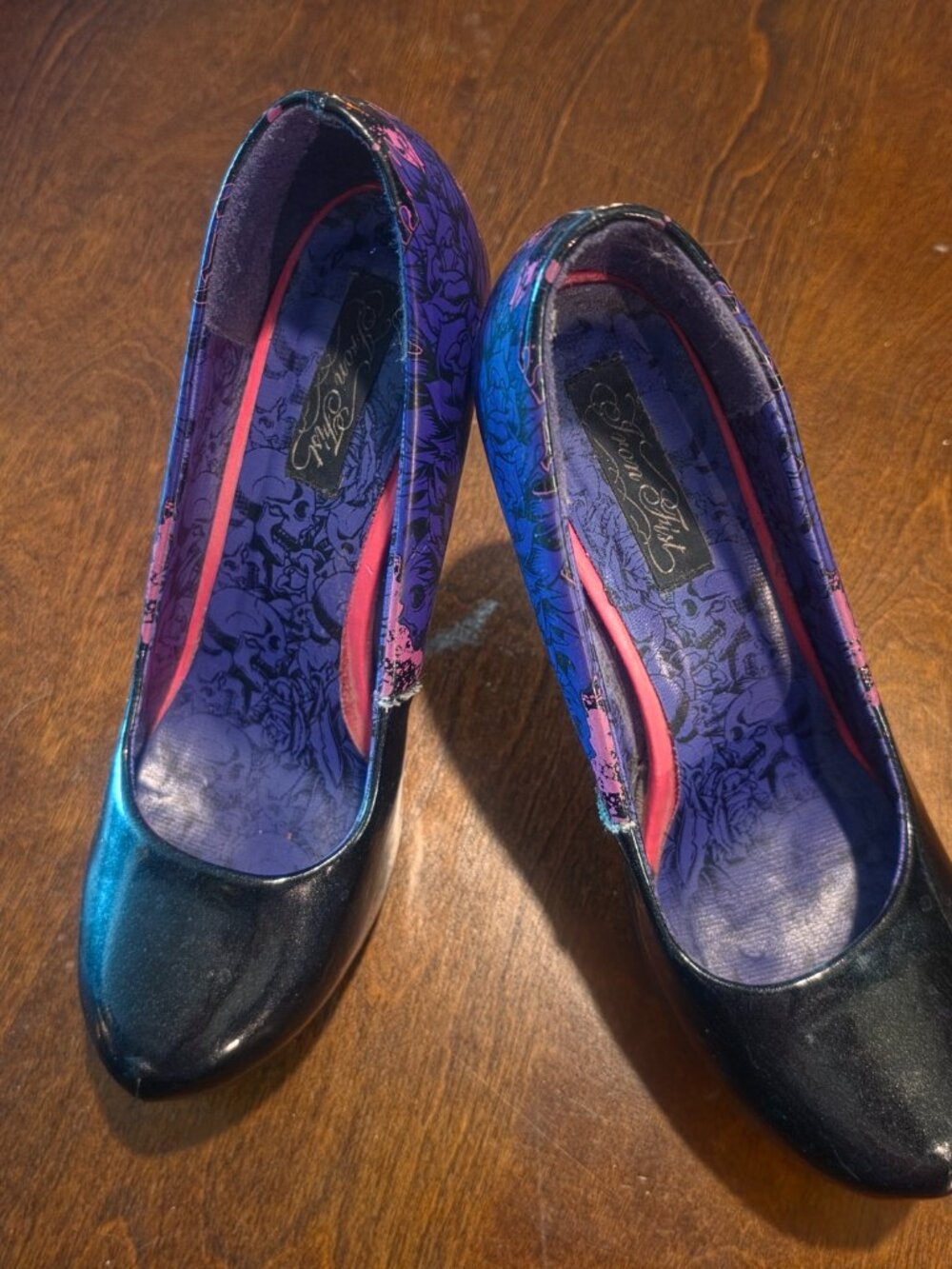 Iron Fist Black Patent Heels Purple/Pink Graphic Lining Classic Alt‑Glam Size 9
